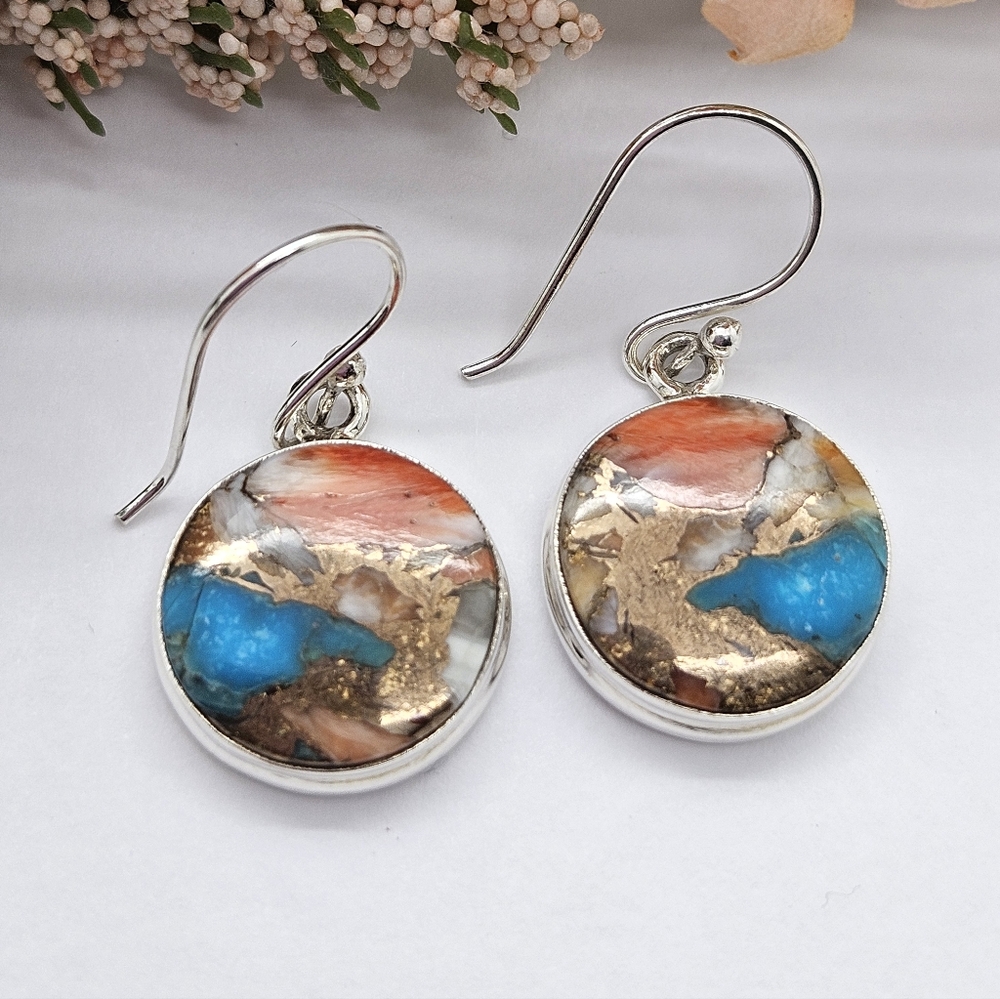 Spiny Oyster and Turquoise Circle Earrings